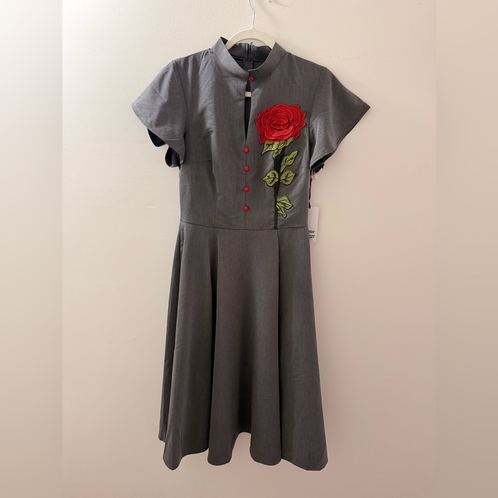 Unique Vintage Charcoal Midi Dress with Scarlet Rose Detail